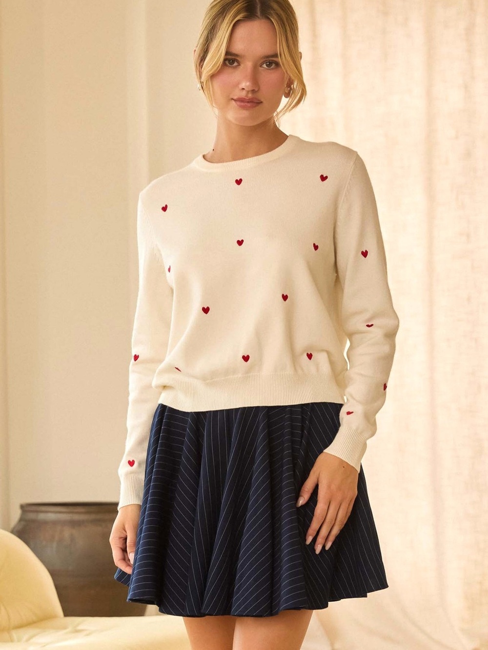 Cream Heart-Embroidered Crewneck Sweater - Women's